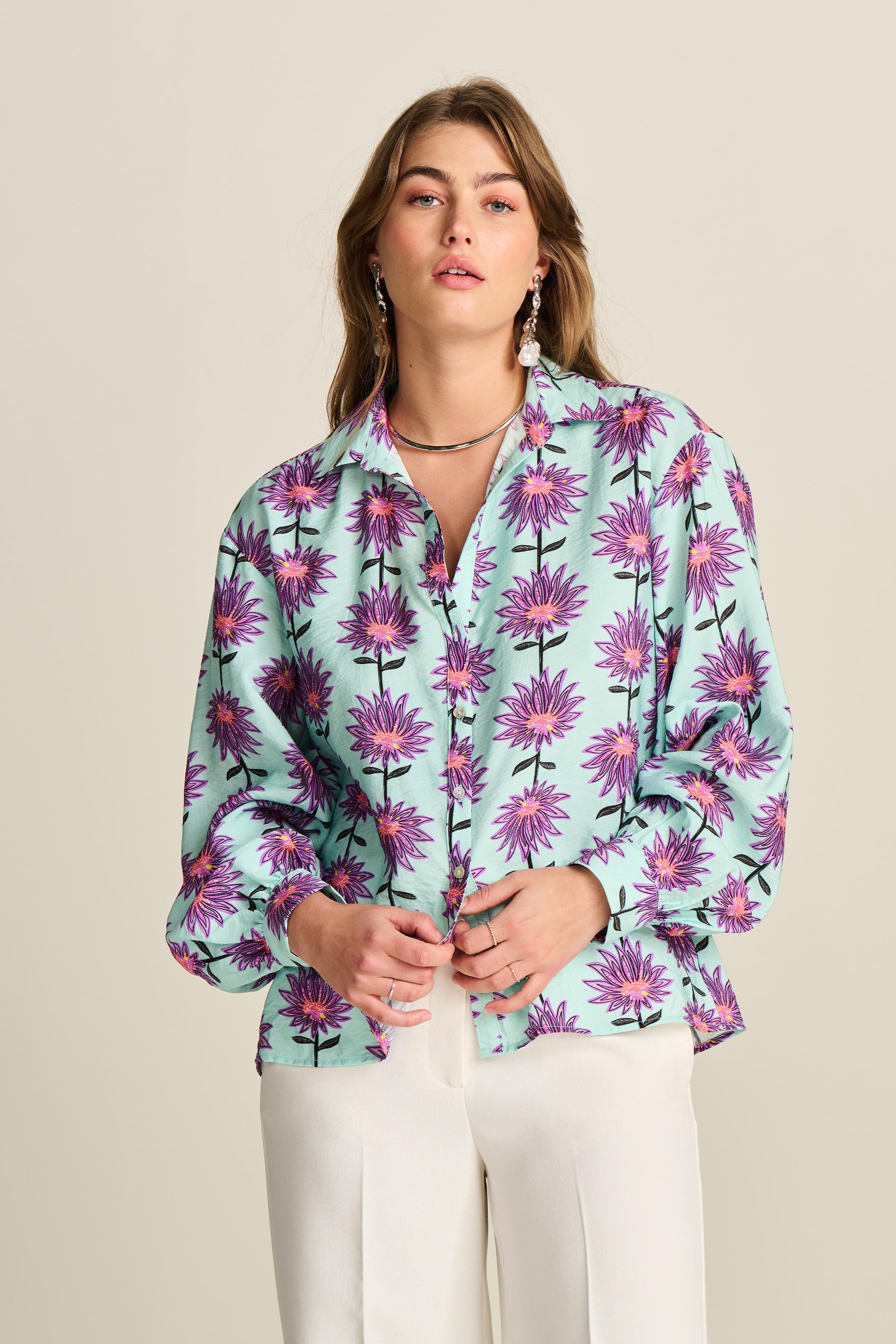 POM Blouse - Violet Flower Aqua