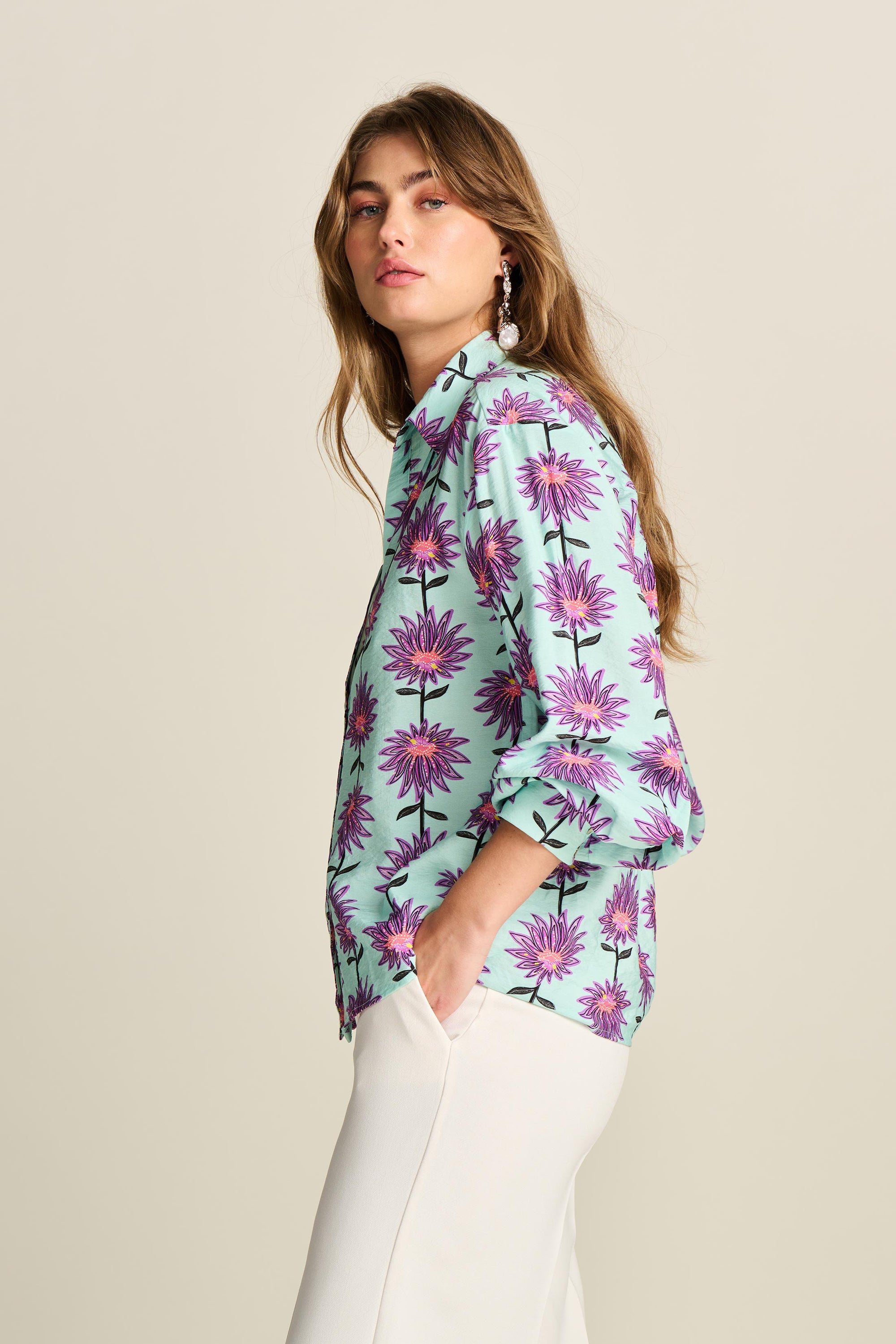 POM Blouse - Violet Flower Aqua