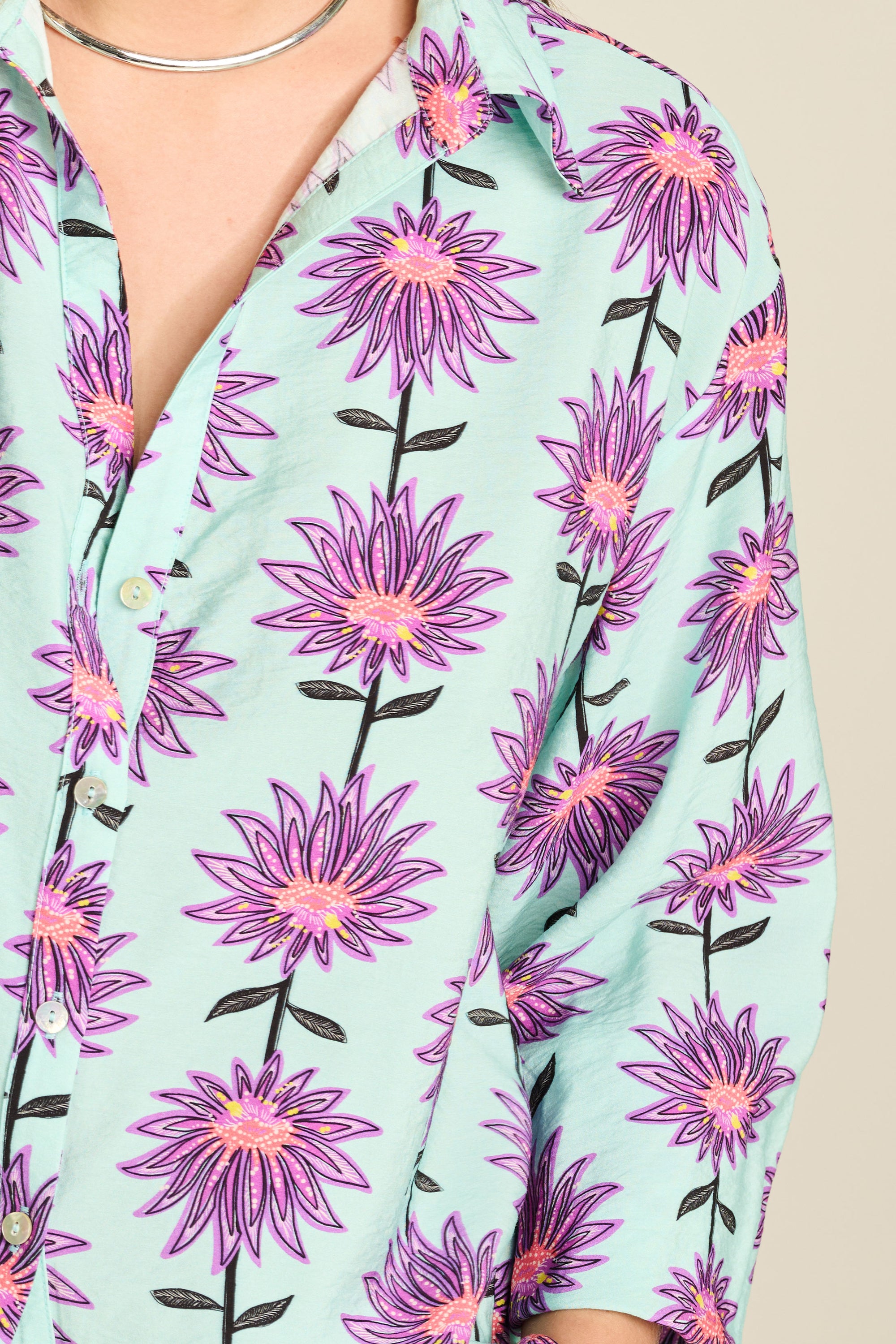 POM Blouse - Violet Flower Aqua