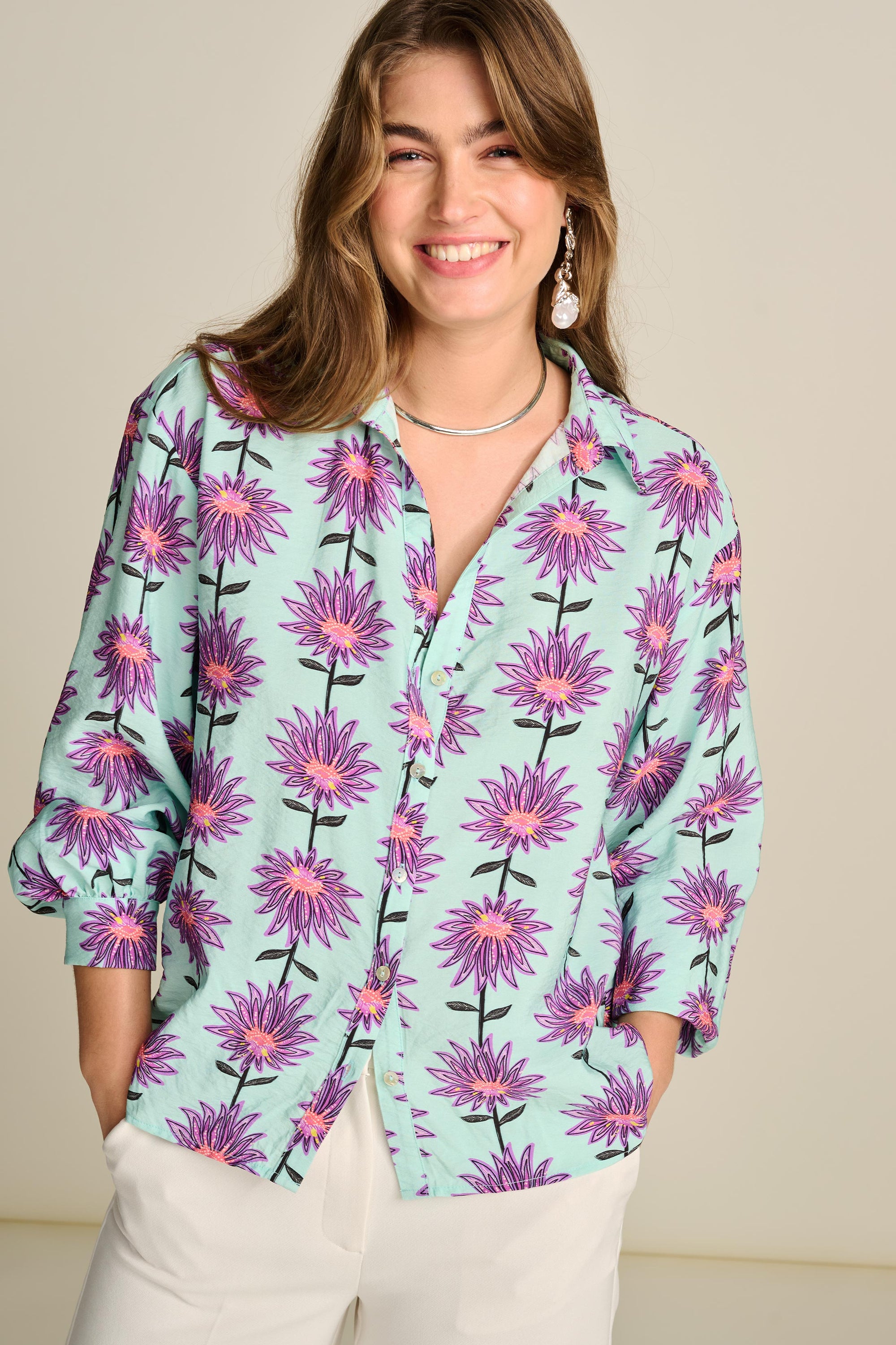 POM Blouse - Violet Flower Aqua