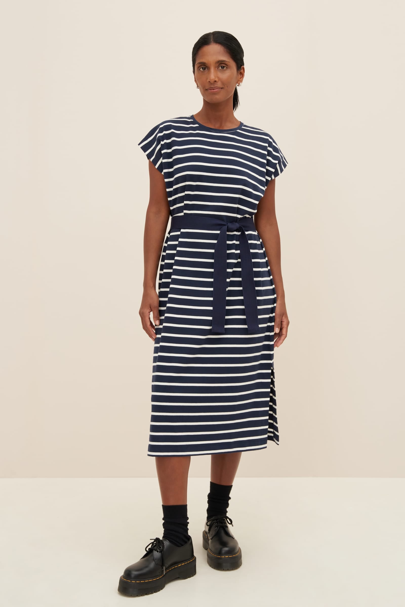 Kowtow Form Dress Navy Breton Good Thing