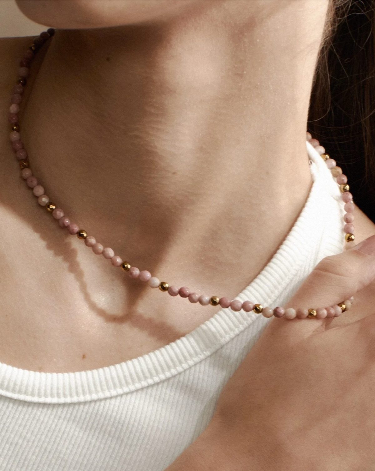 Silk &amp; Steel Sequence Necklace - Rhodochrosite/Silver