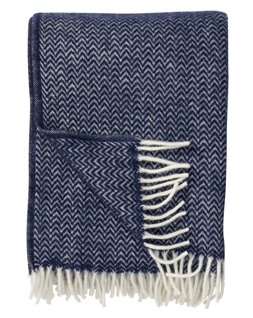 Klippan Chevron Eco Woven Lambswool Blanket - Dark Denim